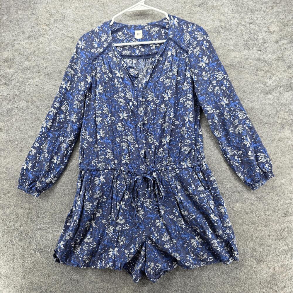 GAP Romper Womens Small Blue Floral Long Sleeve Drawstring V Neck Rayon Boho